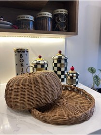 Resim Lovenwoven Rattan Standlı Kek Fanus Kapağı Kapaklı Kek Standı Ceviz Renk 