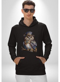Resim Şapkalı Amerikalı Baykuş Burjuva Baykuş Kadın Erkek Siyah Kapüşonlu Sweatshirt Hoodie Siyah 