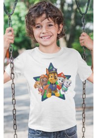 Resim Sevbano Paw Petrol Baskılı Unisex Çizgi Film Çocuk Tişört 1-12 Yaş Beyaz 