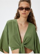 Resim Koton Crop Üst V Yaka Bağlama Detaylı Oversize Kimono Kol Haki 4sal50001ıw Haki 