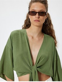 Resim Koton Crop Üst V Yaka Bağlama Detaylı Oversize Kimono Kol Haki 4sal50001ıw Haki 