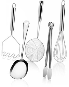 Resim AKCAKESE 5 Parça Çelik Metal Mutfak Servis Seti Takımı (kaşık, Çırpıcı, Maşa, Patates Ezici, Kevgir) 