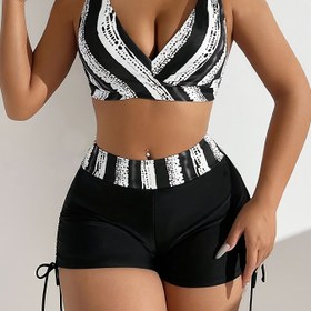 Resim FUBA.VI Şık Kadın Bikini Mayo Seti - Yüksek Esneklik, Geometrik Desen, Bağcıklı V-Yaka Üst, Siyah ve Beyaz, Şort, Yüksek Canlı Tarz, FUBA.VI 