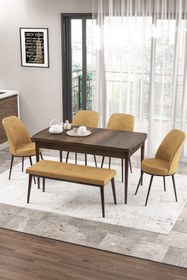 Resim Canisa Zen Serisi 80x132 Mdf Açılabilir Barok Ahşap Desen Masa Takımı 4 Cappucino Sandalye Ve 1 Bench 