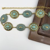 Resim Boho-Şık Türkuaz Kakma Antika Altın Bel Kemeri - Batı Kabile Esintili, Vintage Oyma Tasarım, Firuze Taşlı Vurgularla, Günlük ve Akşam Giyimi İçin Mükemmel, Rahat Aksesuar | Vintage Bel Kemer | Kabartmalı Metal Detaylar 