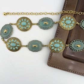 Resim Boho-Şık Türkuaz Kakma Antika Altın Bel Kemeri - Batı Kabile Esintili, Vintage Oyma Tasarım, Firuze Taşlı Vurgularla, Günlük ve Akşam Giyimi İçin Mükemmel, Rahat Aksesuar | Vintage Bel Kemer | Kabartmalı Metal Detaylar 