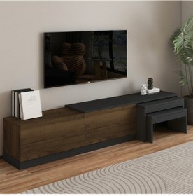Resim Nest Tv Sehpası Modern Tasarım,2 Kapaklı Depolama Ve İkili Zigon Sehpa İle Fonksiyonel Mobilya Antrasit - Ceviz 