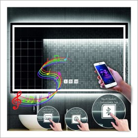 Resim Dnr-Mirror70x90 Cm Beyaz Ledli Tasarım Kumlamalı Dokunmatik Bluetoothlu Buğu Önleyicili Makyaj Banyo Aynası 
