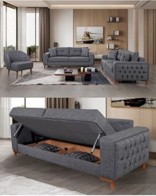 Resim Velura Home & Living Nola Koltuk Takımı 3 3 1 1 & Bazalı Yataklı Koltuk & Kanepe - Antrasit Keten Kumaş 