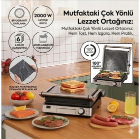 Resim Karaca Çıkarılabilir Yanmaz Yapışmaz Plakalı 2000W Yüksek Performanslı Yükseklik Ayarlı Tam Açılabilir Elektrikli Izgara Fırın Etkili Tost Makinesi 