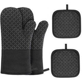 Resim Fırın Eldiveni Ve Tencere Tutucular 4 Adet Set Isıya Dayanıklı Fırın Eldivenleri Ve Sıcak Pedler Barbekü Mutfak Pişirme Pişirme Izgara İçin Tutacaklar Siyah 