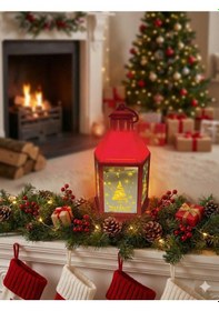 Resim 25 Cm Yılbaşı Fener Ledli Aynalı Kırmızı Dekoratif Işıklı Fener Diğer 