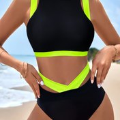 Resim Kadınlar İkiye Bölünmüş Mayo Seti - Yüksek Bel, Esnek Naylon Kumaş, Katı ve Renk Blok Tasarım, Moda Plaj Giysileri ile Canlı Neon Vurgular, Yüksek Belli Altlar 