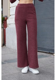 Resim JUMENT Kadın Simli Kaşkorse Yüksek Bel Yan Cepli Beli Lastikli Bol Paça Pantolon -bordo 