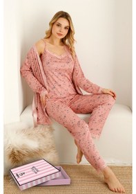 Resim Nisanca Sabahlıklıklı 3 Parça Çeyizlik Kutulu Kadın Pijama Takımı- Dantelli Kutulu Kadın Pijama- Geniş Beden Aralığı Pembe 