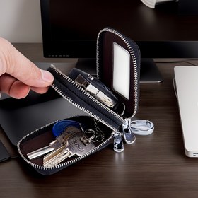 Resim PU Deri Çift Katmanlı Bel Asılı Anahtar Koruma Kılıfı - Mini Araba Anahtar Saklama Çantası - Araba İç Aksesuarları 