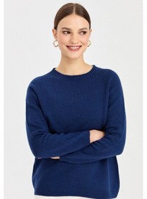 Resim Desen Kadın Minimalist Yuvarlak Yaka Uzun Kol Kazak - Günlük Stil İndigo 