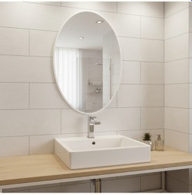 Resim 70x98 Cm Modern Oval Banyo Aynası Beyaz Çerçeveli Dekoratif Duvar Aynası Beyaz 