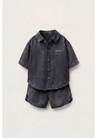 Resim Magu Çocuk Pamuklu Füme Yıkamalı Denim Oversize Gömlek Şort Takım Antrasit 