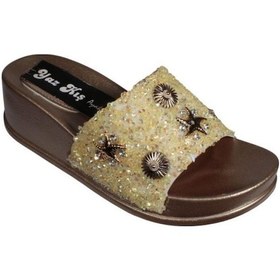 Resim Yazkış Kadın Siyah Platin Altın 5cm Dolgu Topuk Üzeri Deniz Kabuğu Sim Desenli Terlik 001 