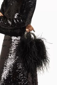 Resim Karma Feather Clutch Siyah Tüy Kaplama & Kristal Saplı Zarif Gece Çantası - Siyah 