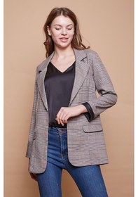 Resim Ekoseli Yakalı Kolu Katlamalı Cep Kapaklı Boyfriend Hafif Likralı Kumaş Blazer Ceket-hardal Ekose Hardal Eks. 