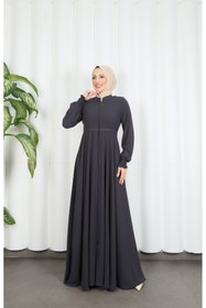 Resim HNT Hayrunnisa Tesettür Beli Dantelli Mevlana Ferace Gri HNT7011 