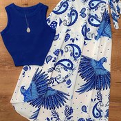 Resim Kadınların Yaz Tatili Çiçek Desenli Etek ve Kolsuz Üst 2 Adet Set, Polyester, Mürettebat Yaka, Bağcıklı Ön Detay, Motif Cachemire Desen, Kolsuz Üst, İlkbahar/Yaz için 