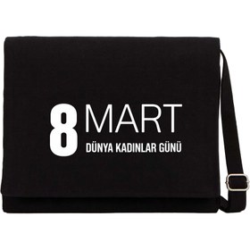 Resim 8 Mart Yazı Siyah Kanvas Postacı Çantası - Siyah 