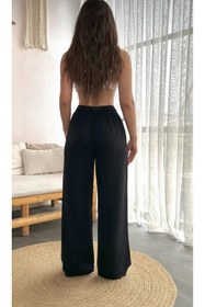 Resim SU SHE Kadın Keten Beli Lastik Bağlamalı Yüksek Bel Geniş Kesim Cepli Yazlık Pantolon 