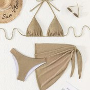 Resim Üç Parça Polyester Örgü Kumaş Bikini Seti Kadınlar İçin - Düz Renk, Orta Esneklik, Detay Yok - Üçgen Üst, Yüksek Belli Alt ve Bağcıklı Etek Dahil 