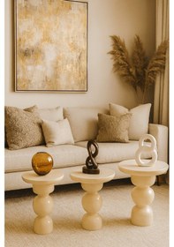 Resim Krem Renk Ahşap Mantar Sehpa Takımı 3 Lü Doğal Ve Zigon Set Ekru 