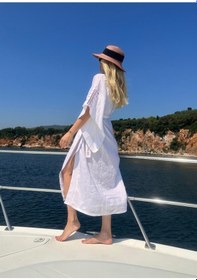 Resim Mayovera Kimono - Nakışlı Beyaz %100 Keten Plaj Elbisesi Beyaz 