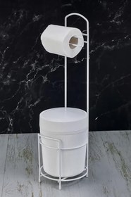 Resim Lüks Banyo Mutfak Çöp Kovası Metal Standlı Tuvalet Wc Kağıtlık Seti (Beyaz) 