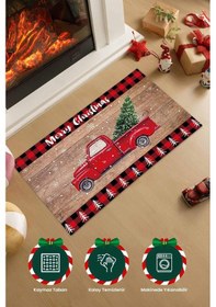 Resim Yılbaşı Araba Desenli Kırmızı Kapı Önü Paspası, Yılbaşı Kapı Paspası 45x70cm Kırmızı 
