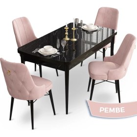 Resim Canisa Concept Taç Serisi 80 x 132 cm Açılabilir Siyah Mermer Desen Masa Takımı 4 Sandalye Gold Halkalı 