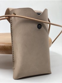 Resim MAT Deri Kadın Minimal Telefon Çantası Askılı Bej Natürel Hakiki Deri İki Bölmeli Yürüyüş Çantası 