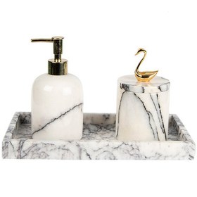 Resim MIARIK DESIGN & DEKORASYON Dekoratif Leylak Mermer Altın Gold Kuğu Detaylı Dikdortgen Tepsı 3 Lu Banyo Seti Takımı 