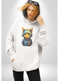 Resim Bandana Kedi Kulaklık Çeket Kadın Erkek Beyaz Kapüşonlu Sweatshirt Hoodie Beyaz 