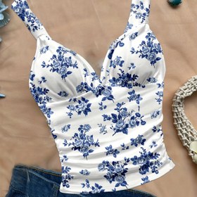 Resim Kadınlar için Tropikal Çiçek Desenli Büstiyer Halter Üst - Göğüs Kıvrımıyla Dar Kesim Kısa Kollu Plaj Tatil Gömleği, Mavi & Beyaz Orta Esneklikte Makinede Yıkanabilir Her Mevsime Uygun Yazlık Plaj Giysisi, Kolay Bakım Giysi 