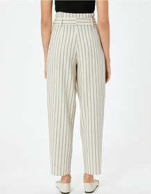 Resim Koton Keten Karışımlı Balon Pantolon Yüksek Belli Cepli Kemer Detaylı Siyah Çizgili 4sak40144ew Siyah 