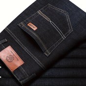 Resim Erkekler için Klasik İş Günlük Kot Pantolonlar - Tüm Sezon Siyah Denim Yama Detaylı, Rahat Kesim ve Çok Yönlü Stil 