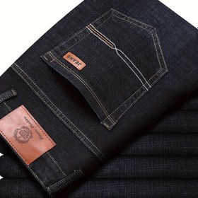 Resim Erkekler için Klasik İş Günlük Kot Pantolonlar - Tüm Sezon Siyah Denim Yama Detaylı, Rahat Kesim ve Çok Yönlü Stil 