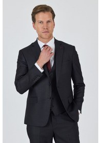 Resim İmza Düz Filafil Mono Yaka Tam Astar Yelekli 6 Drop Slim Fit Takım Elbise 1001250171 Koyu Antrasit 