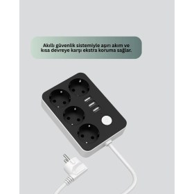 Resim Astraltech 3 USB Çıkışlı 4’lü Akıllı Priz 2500W 2 Metre Kablo 