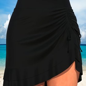 Resim Yaz Plajı ve Havuz Kenarı Giyim için Hafif Esnek, Şeffaf Olmayan, Nefes Alabilen Kumaş - Asimetrik Etek ve Fırfır Detaylı Seksi Minimalist Düz Renk Kadın Etek 