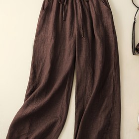 Resim Kadınların Vintage Esintili Bol Kesim Geniş Bacaklı Pantolonları - Elastik Bel ile İp, Düz Kahverengi, Bahar/Yaz/Sonbahar için Rahat ve Çok Yönlü Giyim|Vintage Geniş Bacaklı| Dokulu 