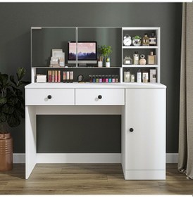 Resim Ella Aynalı Makyaj Masası - 2 Çekmeceli, Dolaplı , Takı Düzenleyici Beyaz 