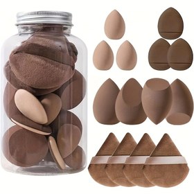 Resim 14 parça makyaj araçları seti, içinde 4 pudra pufları, 3 mini pudra pufları, 4 güzellik süngerleri ve 4 mini güzellik süngerleri, sıvı fondöten için mükemmel, tüm Açık Bej türlere uygun 