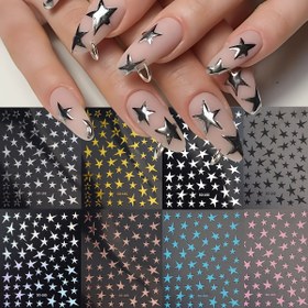 Resim Metallik Krom Altın Gümüş Yıldız Siyah Beyaz Tırnak Sanatı Çıkartmaları Y2K Ayna Makaron Eğri Yıldız Punk Şık Cazibe Tırnak Dekorasyon Malzemeleri 